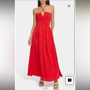 DKNY Printed Satin Ruche Front Halter Maxi Dress Flame Red size Small NWT